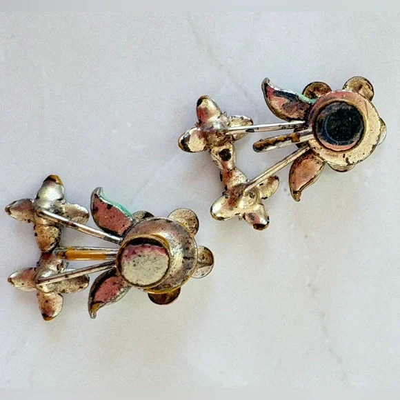 Vintage Flower Rhinestone Pink Flower Screwback Pierceless Statement Earrings - Picture 5 of 6